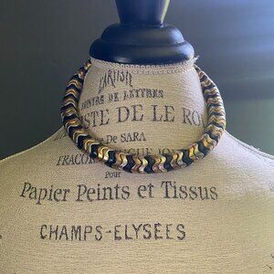 Vintage gold tone and black beaded chevron collar choker statement necklace